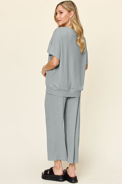 Double Take Full Size Texture Round Neck Short Sleeve T - Shirt and Wide Leg Pants - Jaazi Intl