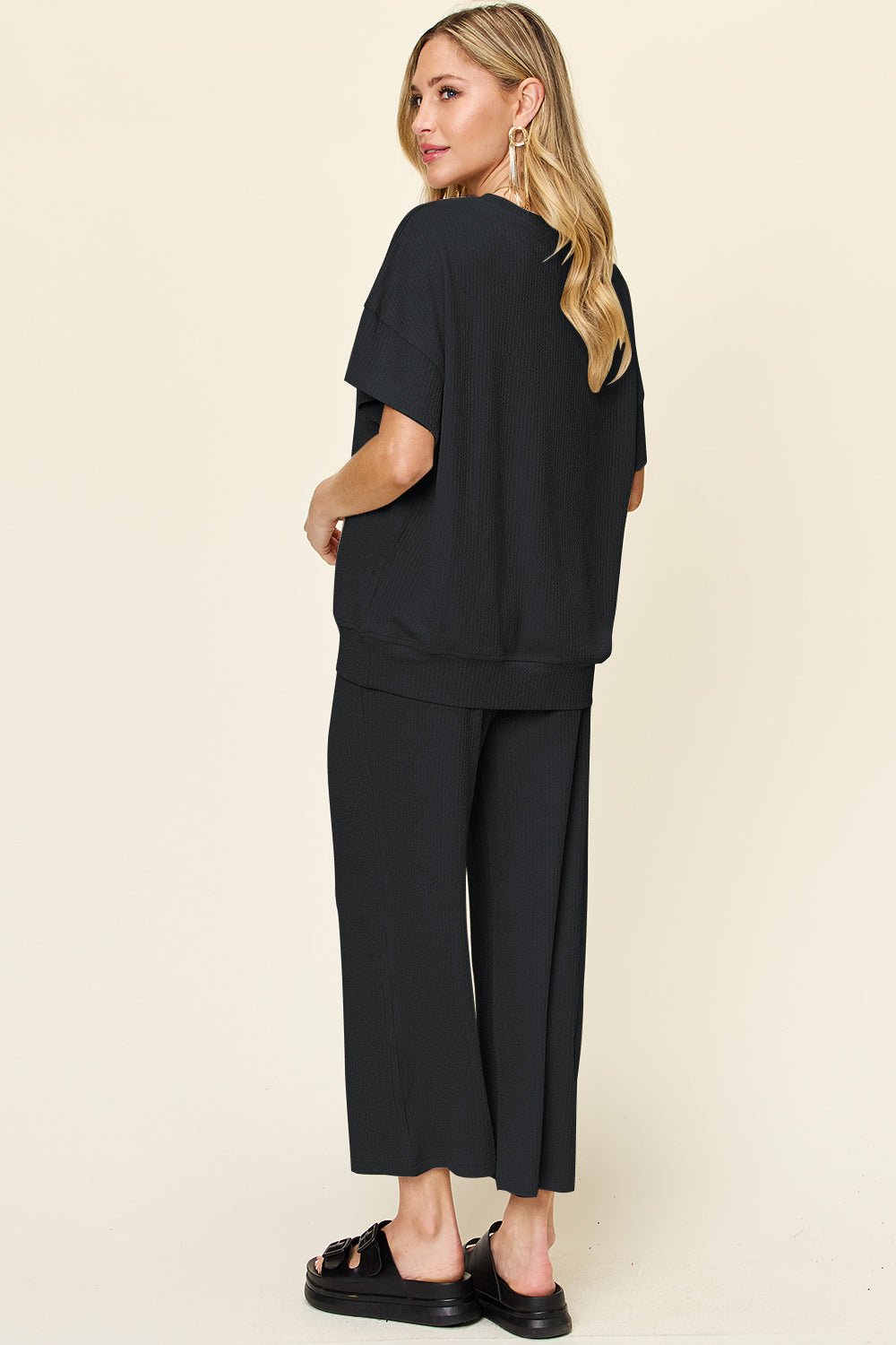 Double Take Full Size Texture Round Neck Short Sleeve T - Shirt and Wide Leg Pants - Jaazi Intl