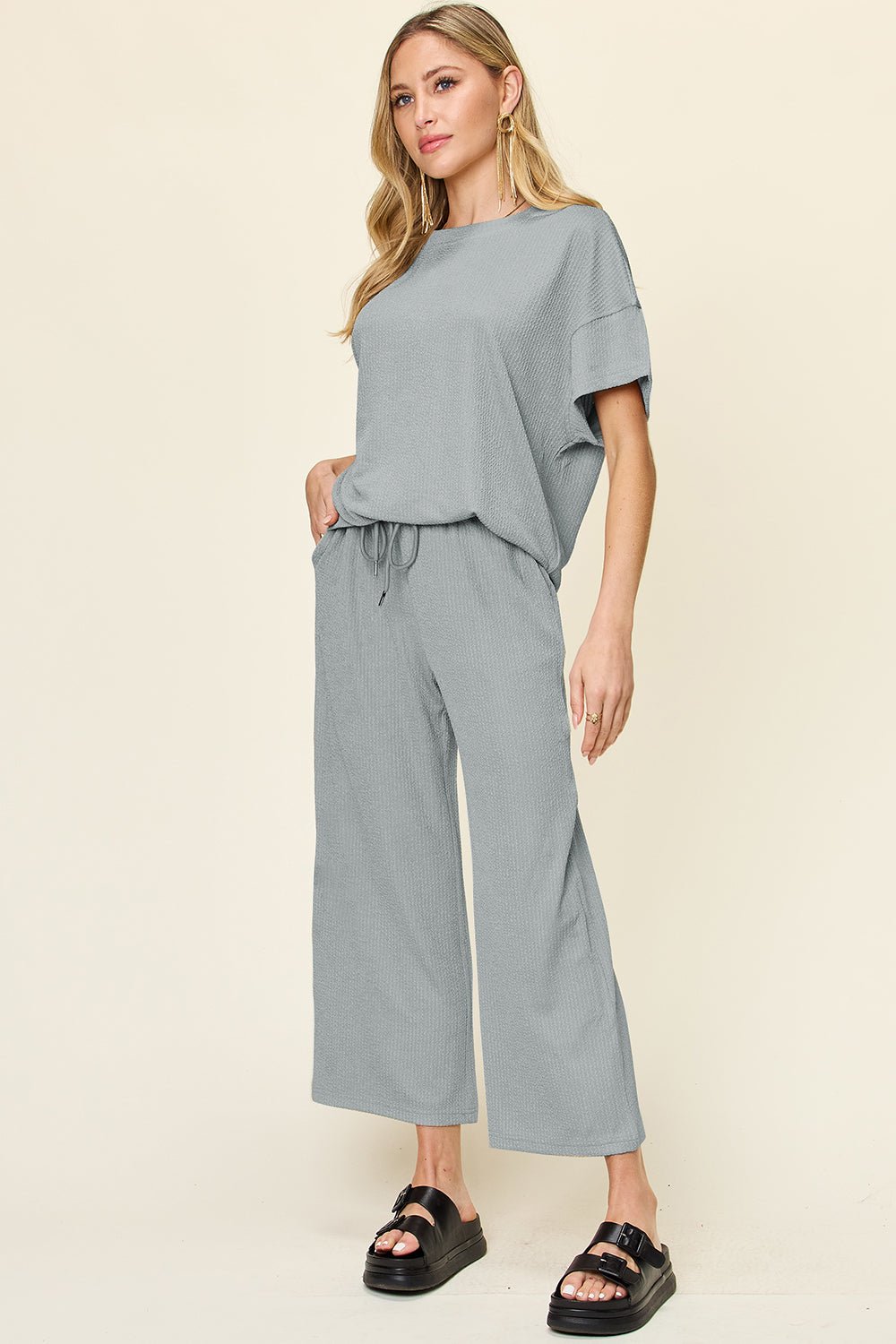 Double Take Full Size Texture Round Neck Short Sleeve T - Shirt and Wide Leg Pants - Jaazi Intl