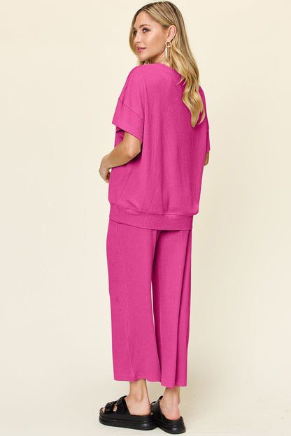 Double Take Full Size Texture Round Neck Short Sleeve T - Shirt and Wide Leg Pants - Jaazi Intl