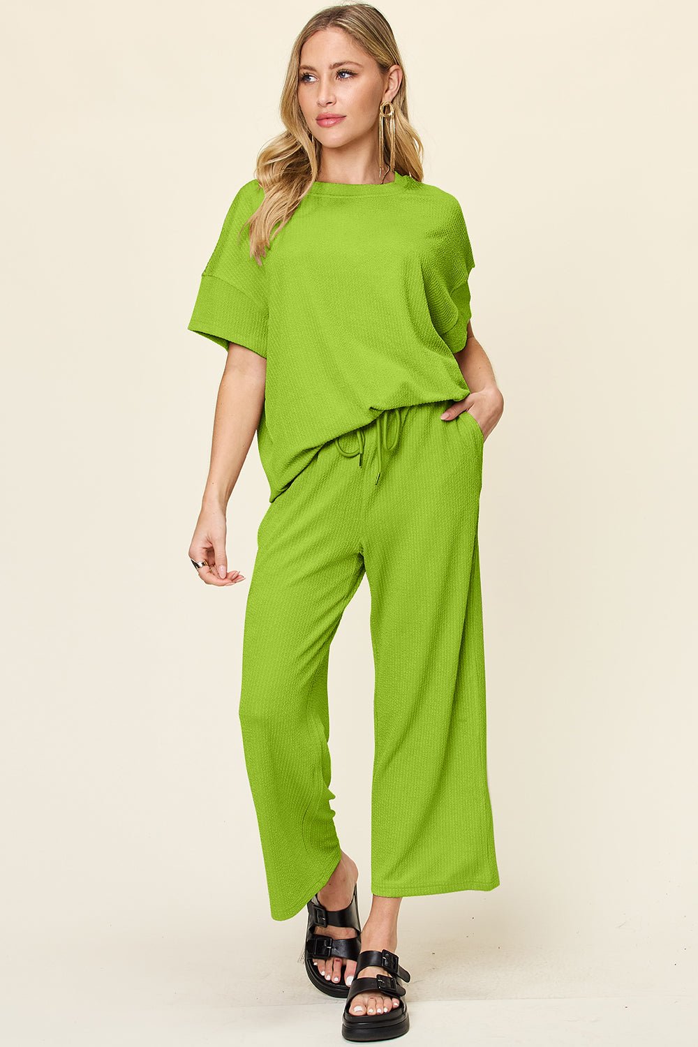 Double Take Full Size Texture Round Neck Short Sleeve T - Shirt and Wide Leg Pants - Jaazi Intl