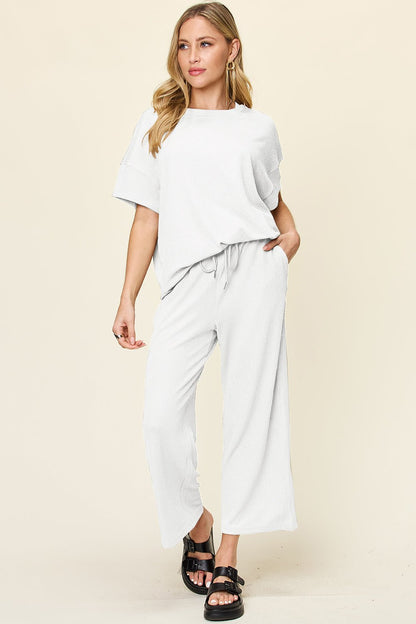 Double Take Full Size Texture Round Neck Short Sleeve T - Shirt and Wide Leg Pants - Jaazi Intl