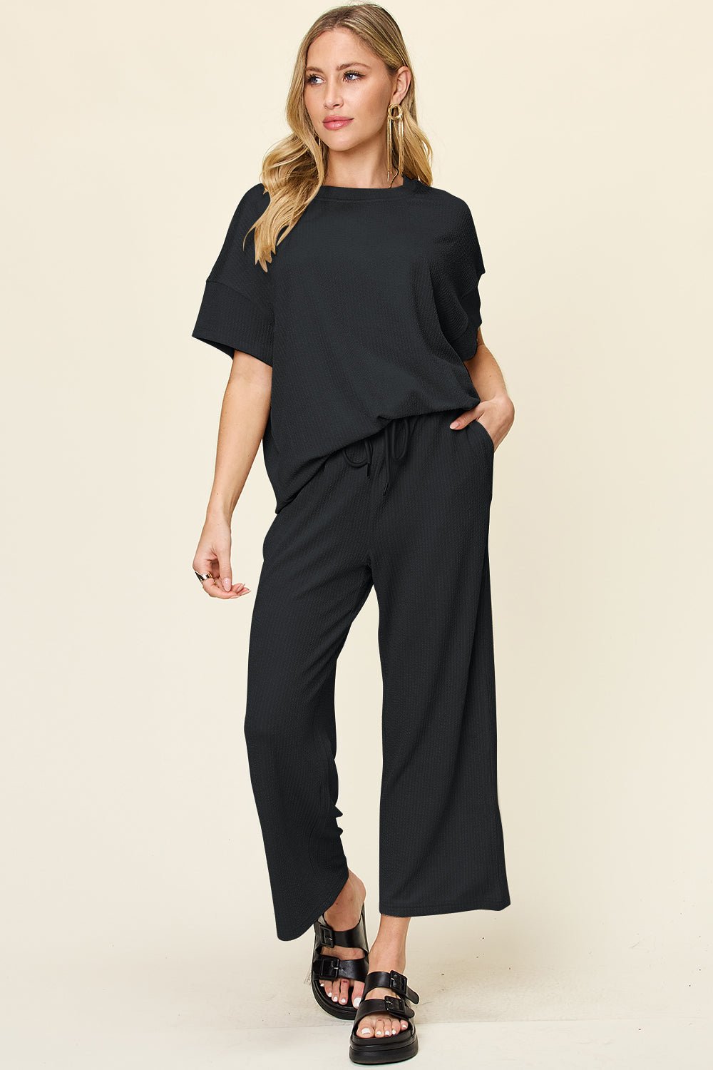 Double Take Full Size Texture Round Neck Short Sleeve T - Shirt and Wide Leg Pants - Jaazi Intl