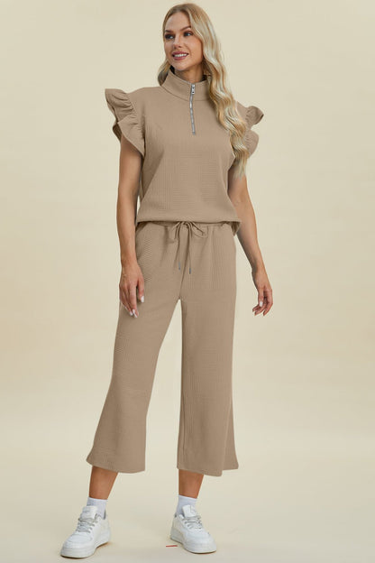 Double Take Full Size Texture Ruffle Short Sleeve Top and Wide Leg Pants Set - Jaazi Intl