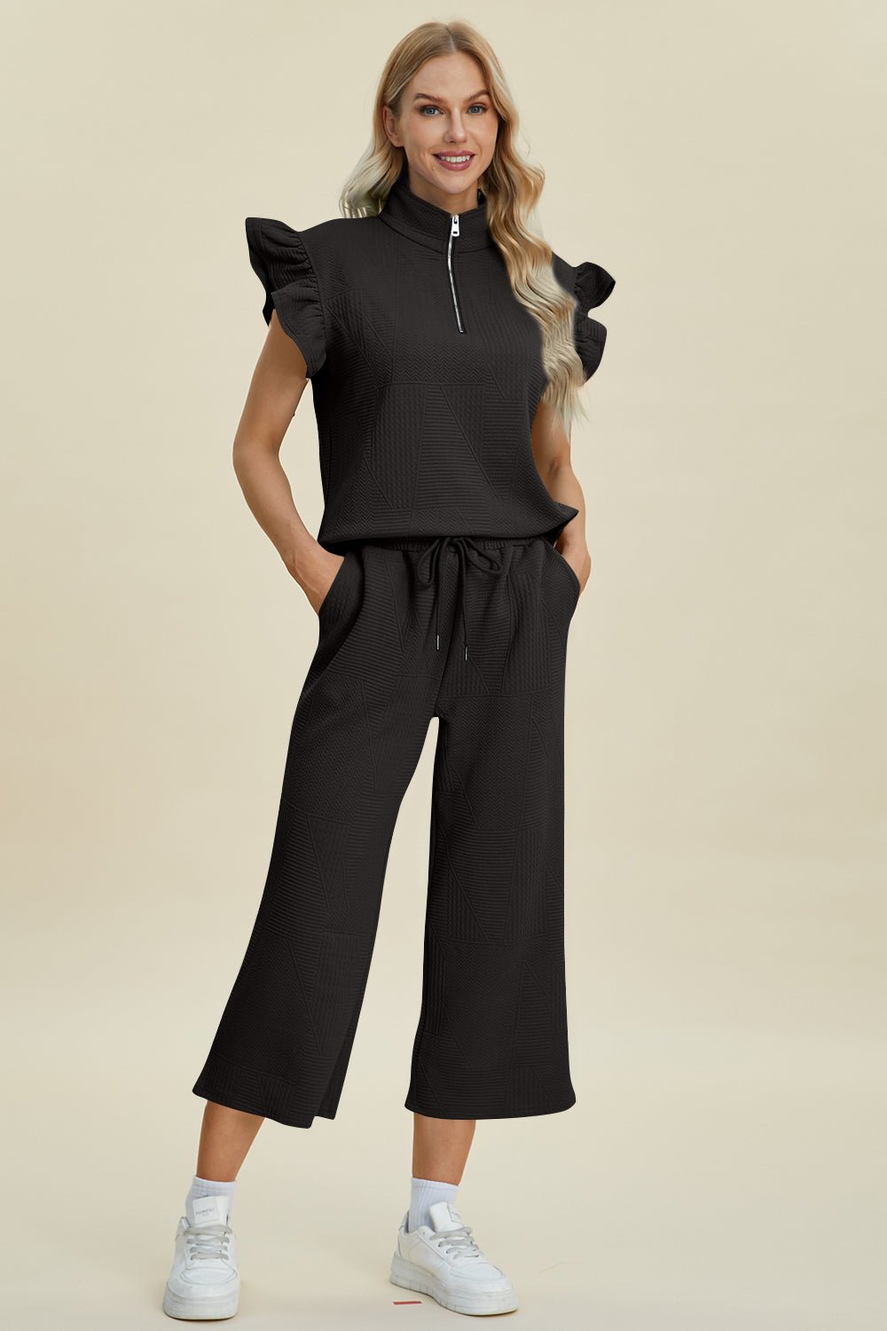 Double Take Full Size Texture Ruffle Short Sleeve Top and Wide Leg Pants Set - Jaazi Intl