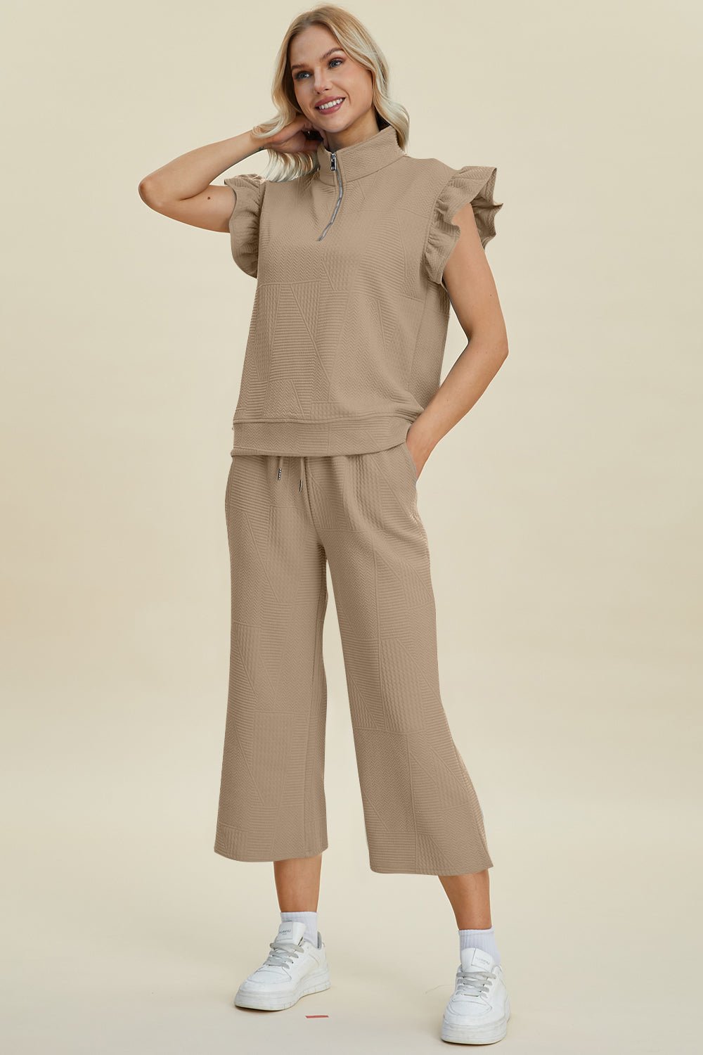 Double Take Full Size Texture Ruffle Short Sleeve Top and Wide Leg Pants Set - Jaazi Intl