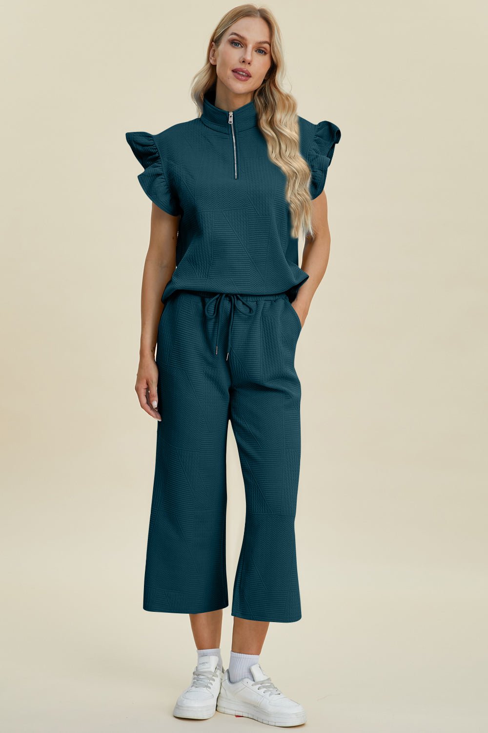 Double Take Full Size Texture Ruffle Short Sleeve Top and Wide Leg Pants Set - Jaazi Intl