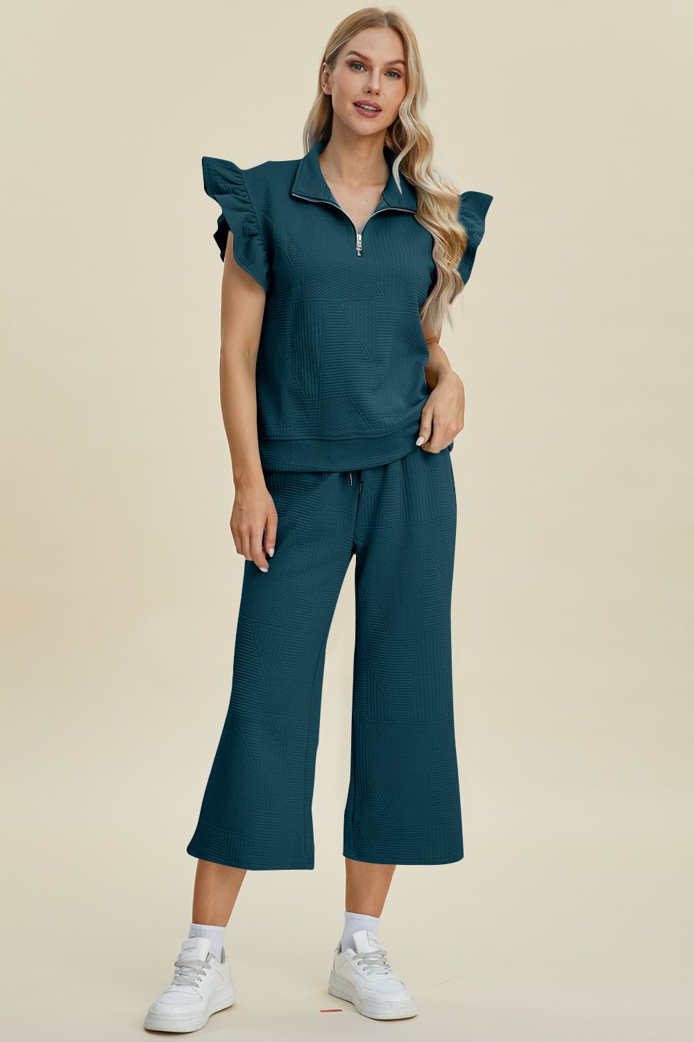 Double Take Full Size Texture Ruffle Short Sleeve Top and Wide Leg Pants Set - Jaazi Intl