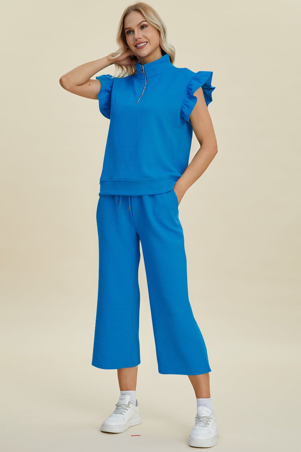 Double Take Full Size Texture Ruffle Short Sleeve Top and Wide Leg Pants Set - Jaazi Intl