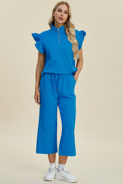 Double Take Full Size Texture Ruffle Short Sleeve Top and Wide Leg Pants Set - Jaazi Intl