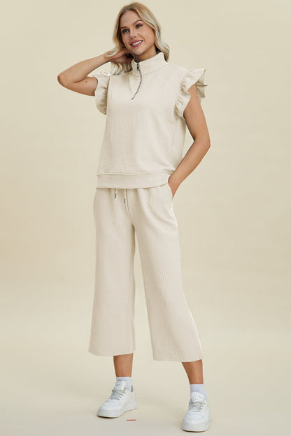 Double Take Full Size Texture Ruffle Short Sleeve Top and Wide Leg Pants Set - Jaazi Intl