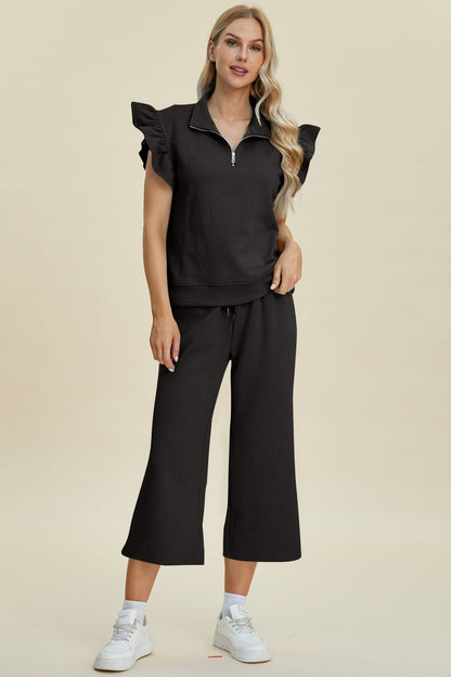 Double Take Full Size Texture Ruffle Short Sleeve Top and Wide Leg Pants Set - Jaazi Intl