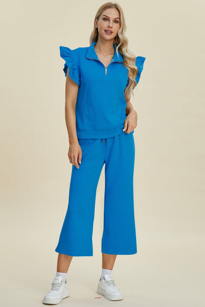 Double Take Full Size Texture Ruffle Short Sleeve Top and Wide Leg Pants Set - Jaazi Intl