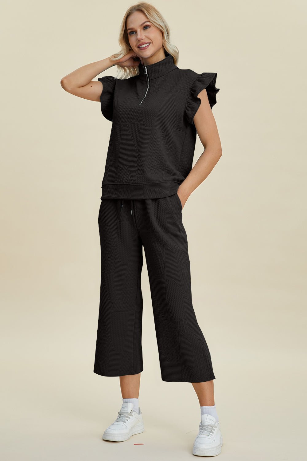 Double Take Full Size Texture Ruffle Short Sleeve Top and Wide Leg Pants Set - Jaazi Intl