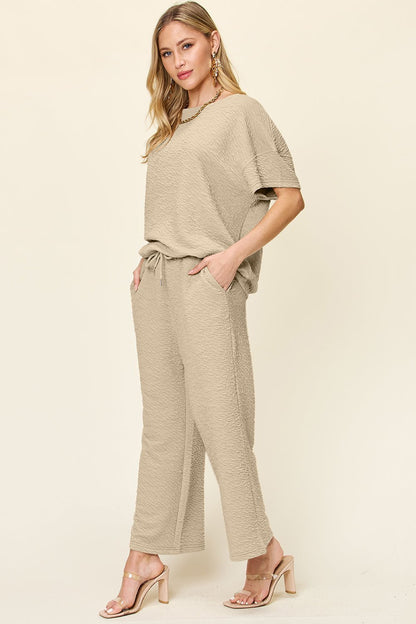 Double Take Full Size Texture Short Sleeve Top and Pants Set - Jaazi Intl