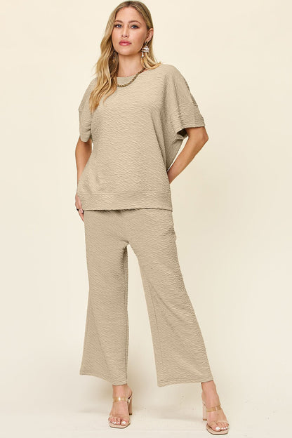 Double Take Full Size Texture Short Sleeve Top and Pants Set - Jaazi Intl