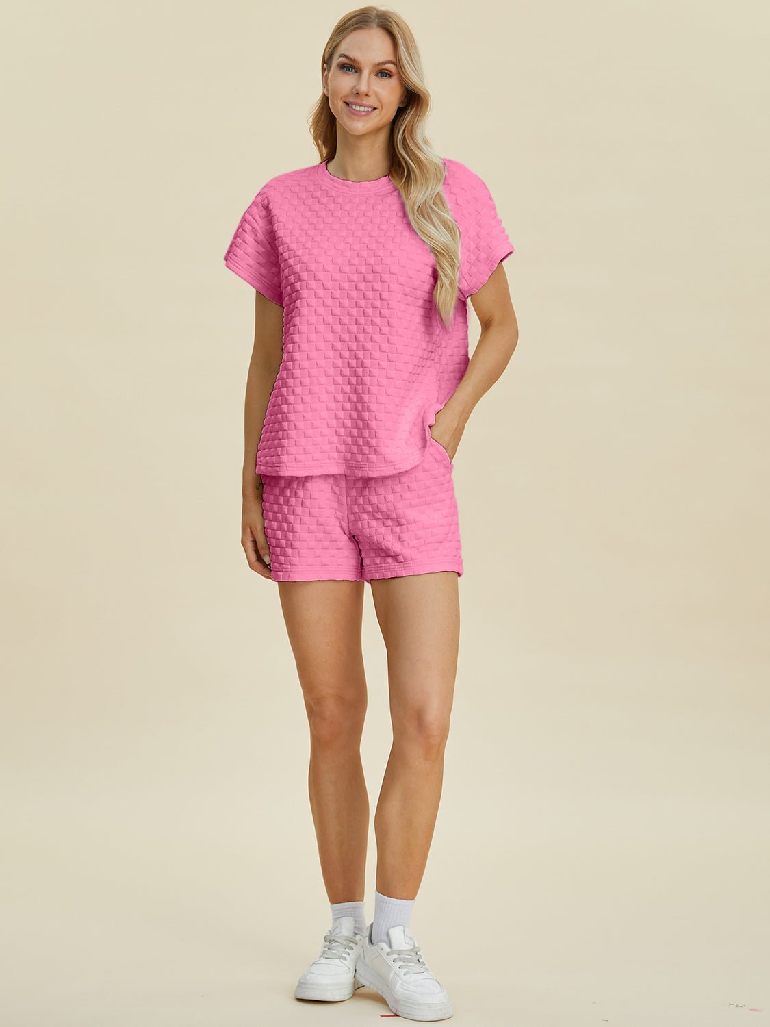 Double Take Full Size Texture T - Shirt and Shorts Set - Jaazi Intl