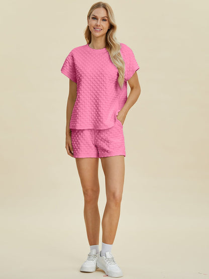 Double Take Full Size Texture T - Shirt and Shorts Set - Jaazi Intl