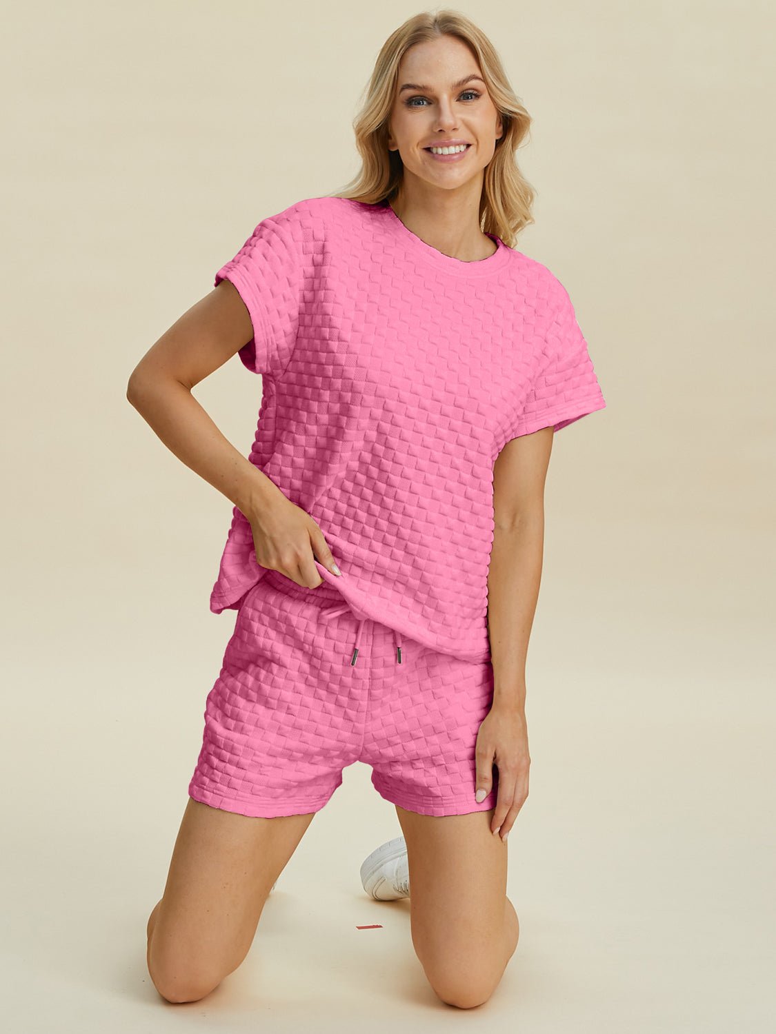 Double Take Full Size Texture T - Shirt and Shorts Set - Jaazi Intl