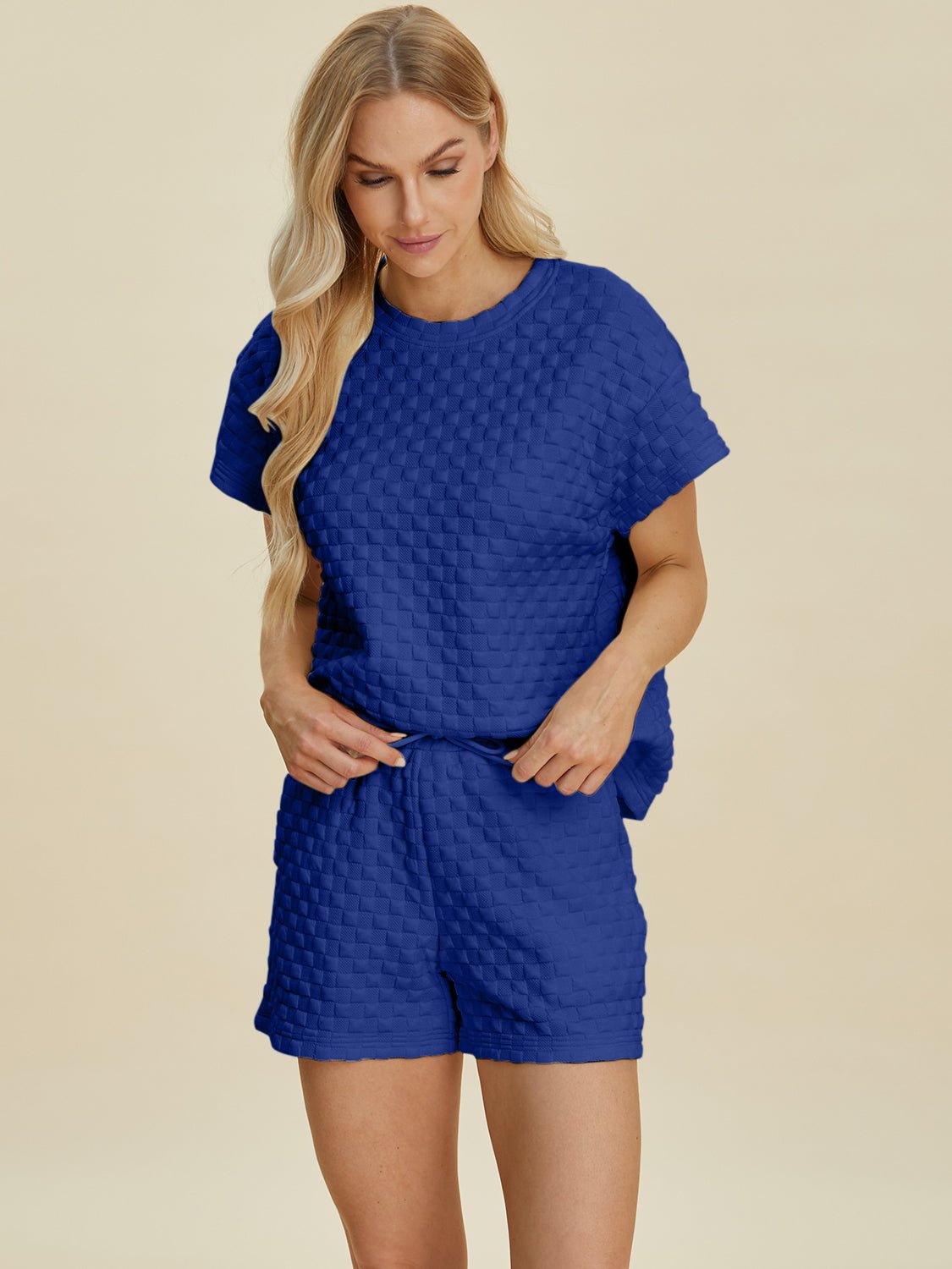 Double Take Full Size Texture T - Shirt and Shorts Set - Jaazi Intl