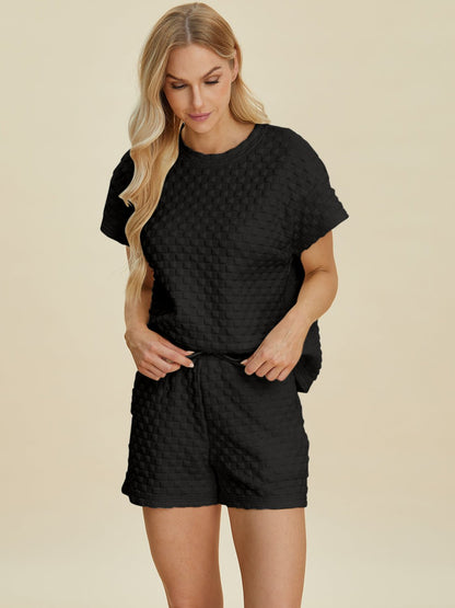 Double Take Full Size Texture T - Shirt and Shorts Set - Jaazi Intl