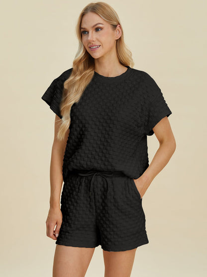 Double Take Full Size Texture T - Shirt and Shorts Set - Jaazi Intl