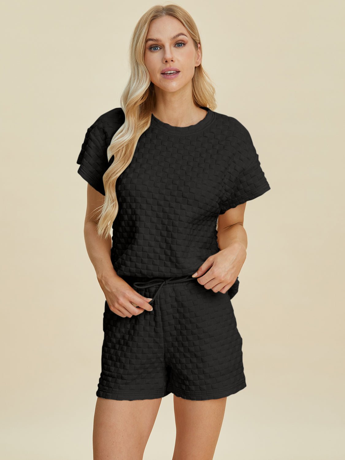 Double Take Full Size Texture T - Shirt and Shorts Set - Jaazi Intl