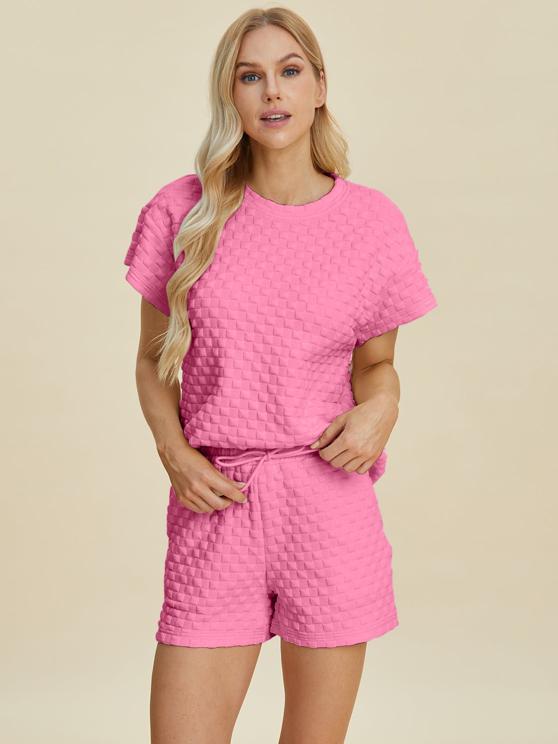 Double Take Full Size Texture T - Shirt and Shorts Set - Jaazi Intl