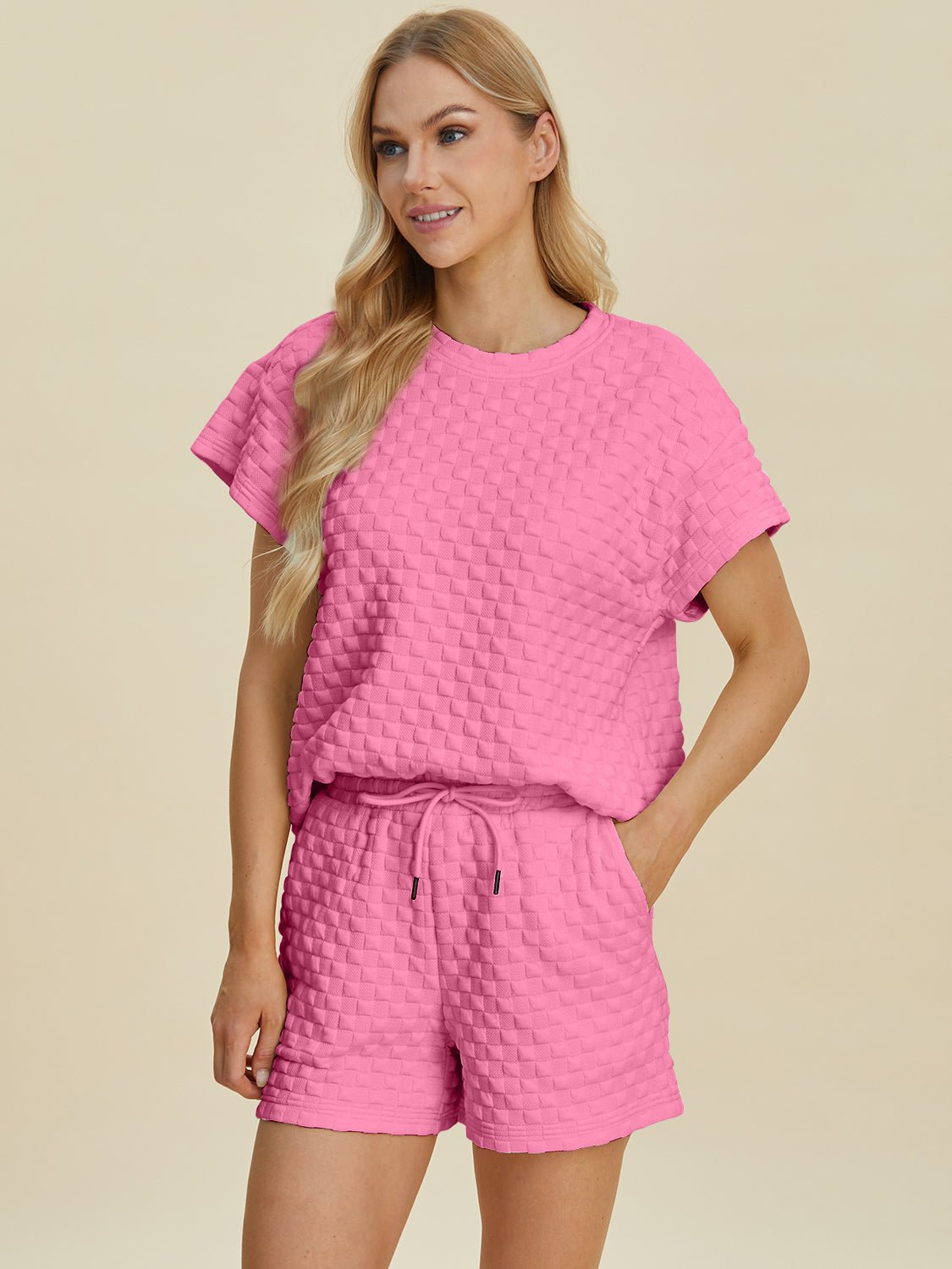 Double Take Full Size Texture T - Shirt and Shorts Set - Jaazi Intl