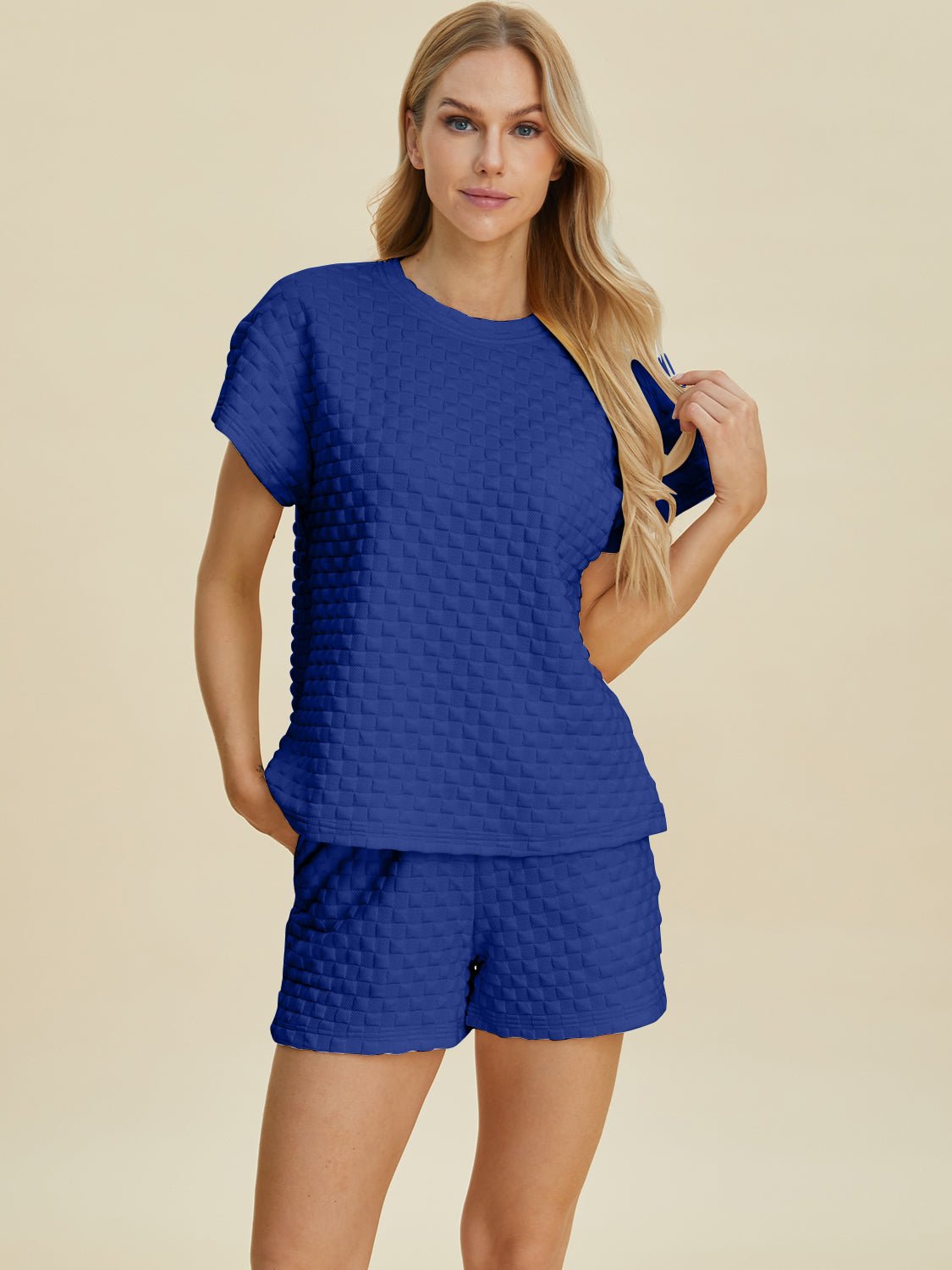 Double Take Full Size Texture T - Shirt and Shorts Set - Jaazi Intl