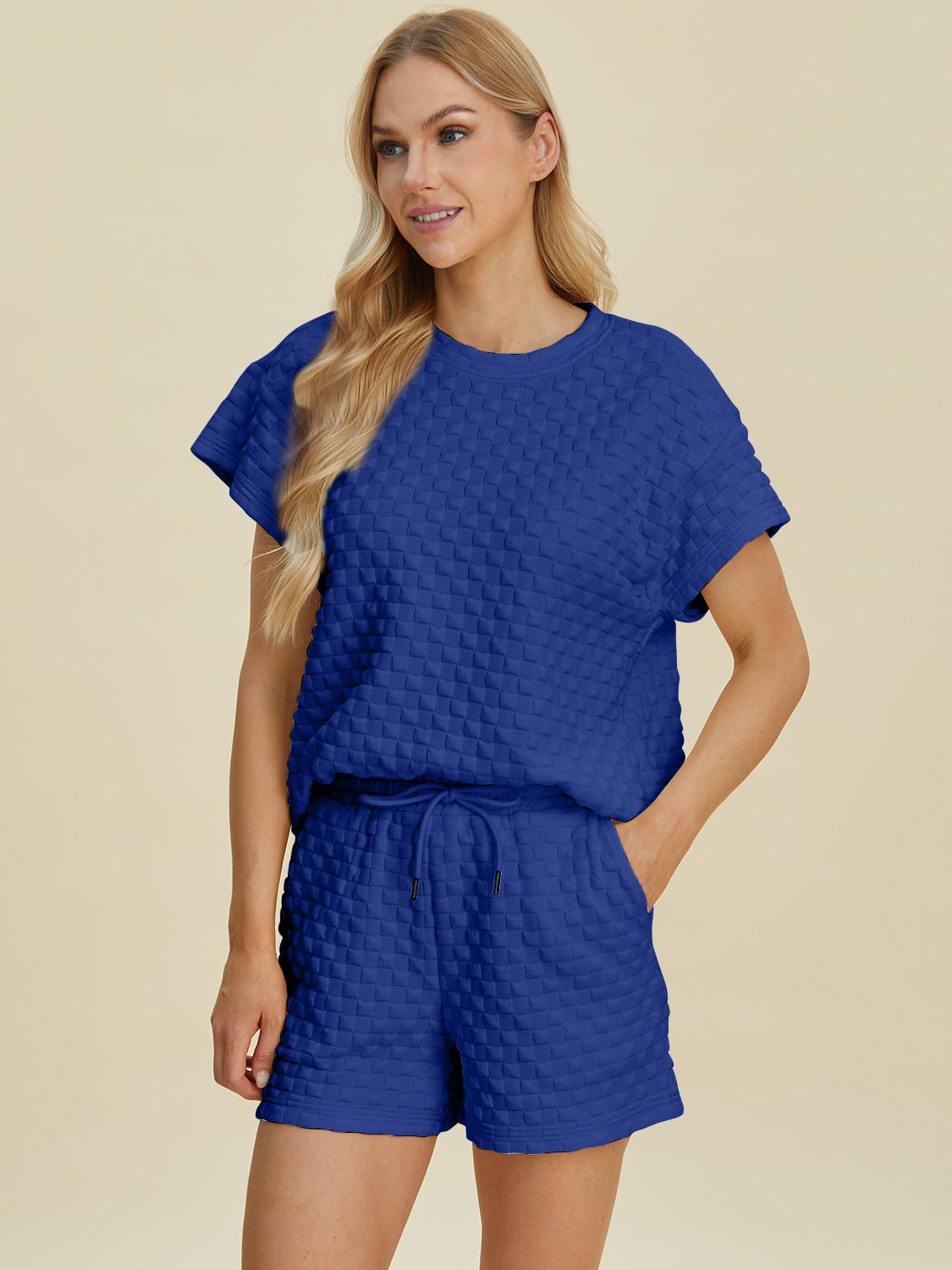 Double Take Full Size Texture T - Shirt and Shorts Set - Jaazi Intl