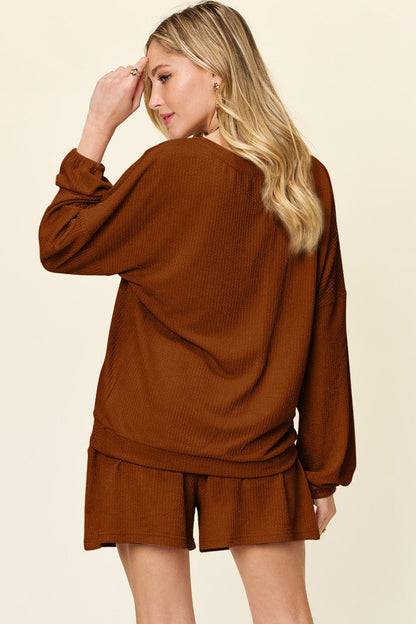 Double Take Full Size Texture V - Neck Long Sleeve T - Shirt and Shorts Set - Jaazi Intl