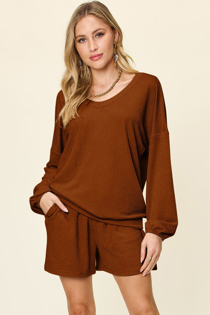 Double Take Full Size Texture V - Neck Long Sleeve T - Shirt and Shorts Set - Jaazi Intl