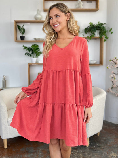 Double Take Full Size V - Neck Balloon Sleeve Tiered Dress - Jaazi Intl