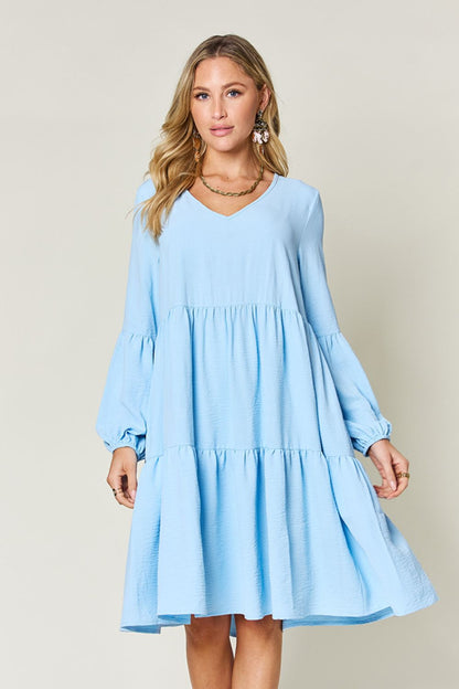 Double Take Full Size V - Neck Balloon Sleeve Tiered Dress - Jaazi Intl