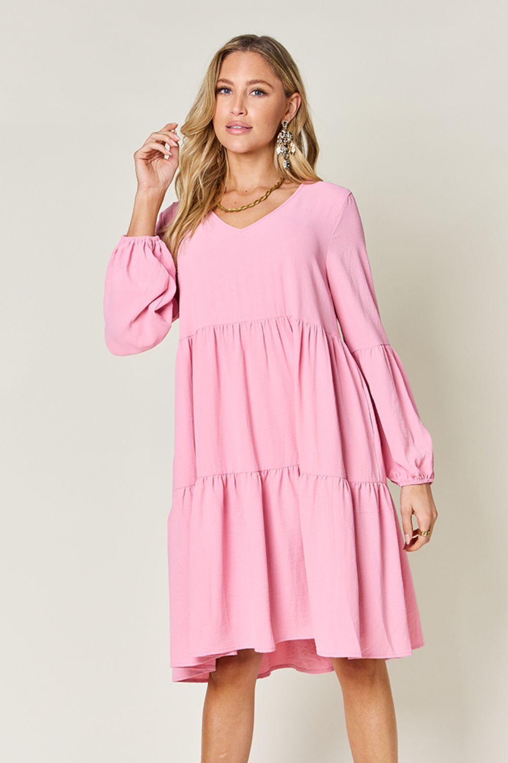 Double Take Full Size V - Neck Balloon Sleeve Tiered Dress - Jaazi Intl