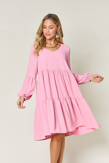 Double Take Full Size V - Neck Balloon Sleeve Tiered Dress - Jaazi Intl