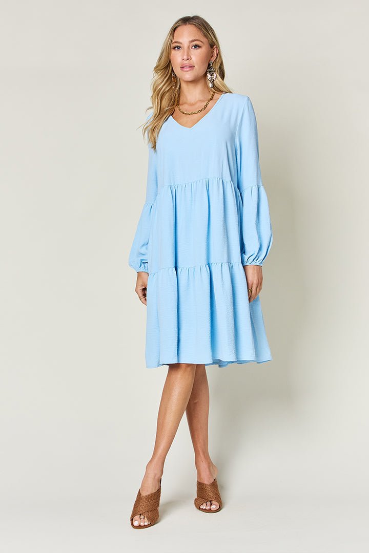 Double Take Full Size V - Neck Balloon Sleeve Tiered Dress - Jaazi Intl