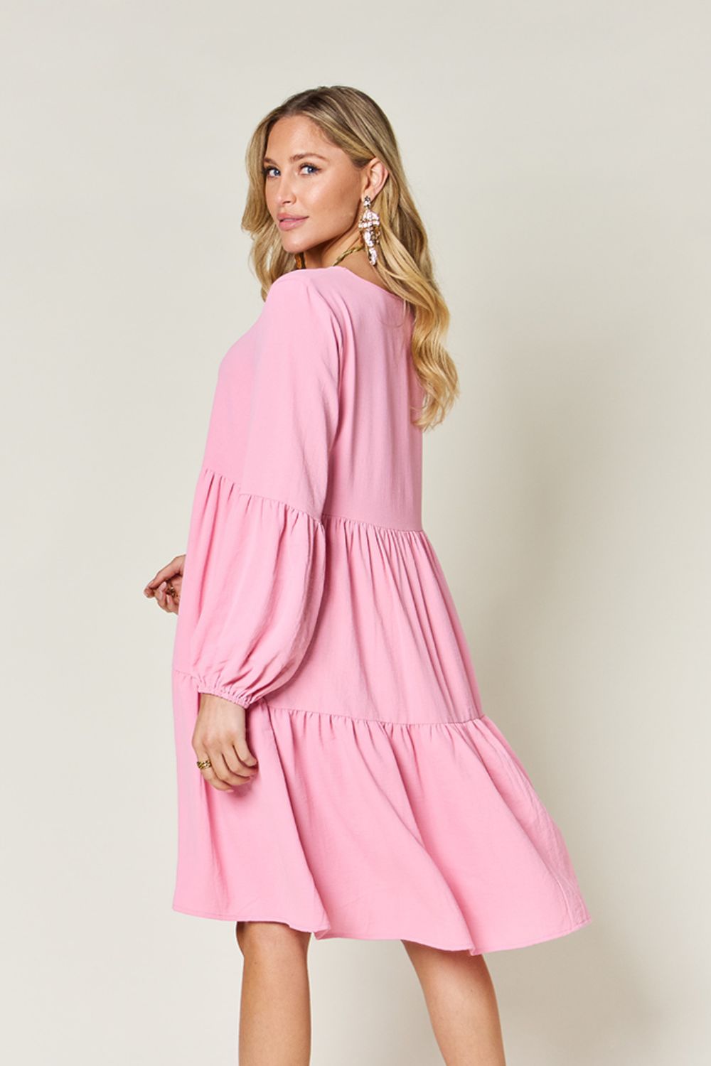 Double Take Full Size V - Neck Balloon Sleeve Tiered Dress - Jaazi Intl