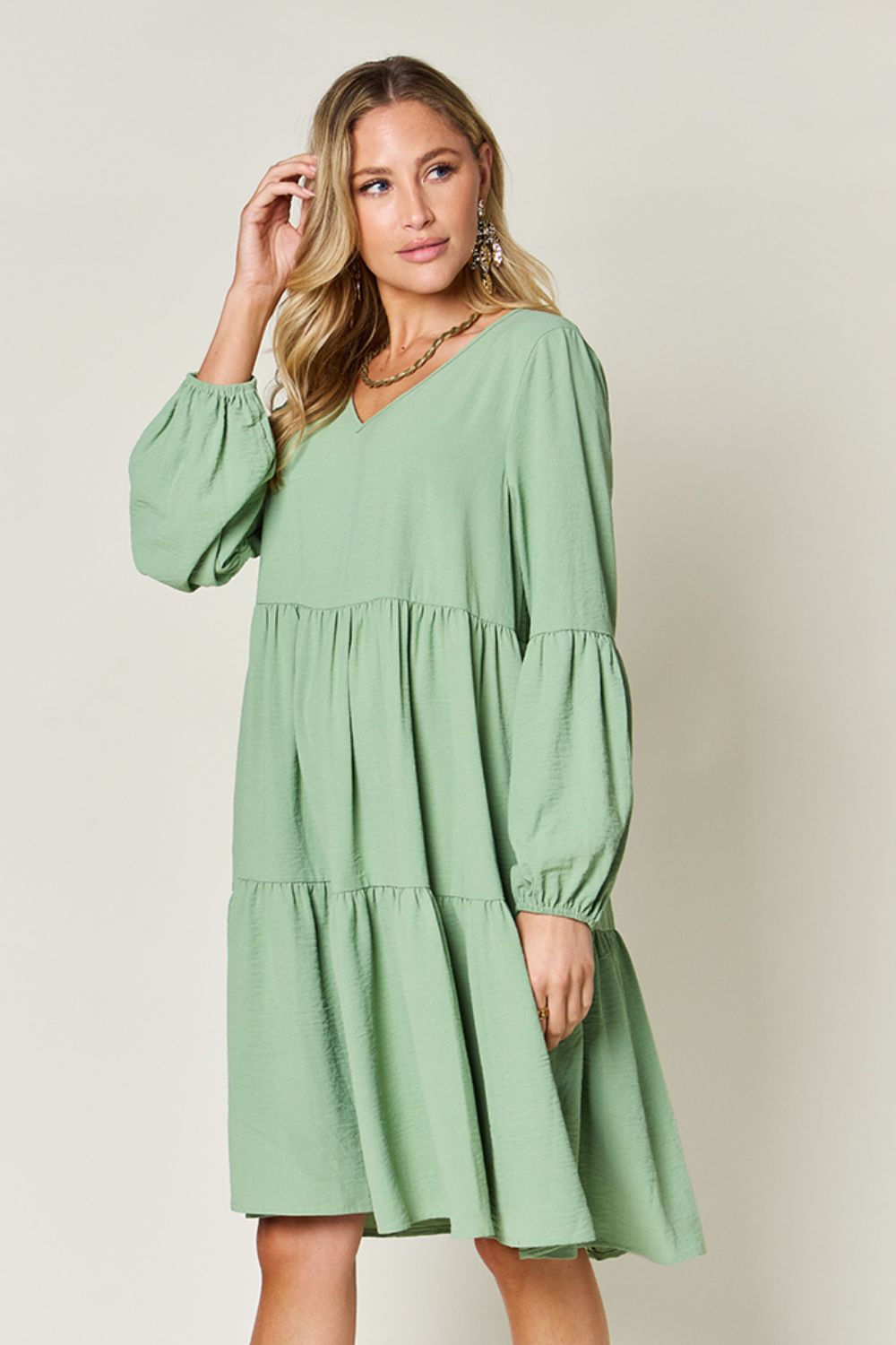 Double Take Full Size V - Neck Balloon Sleeve Tiered Dress - Jaazi Intl