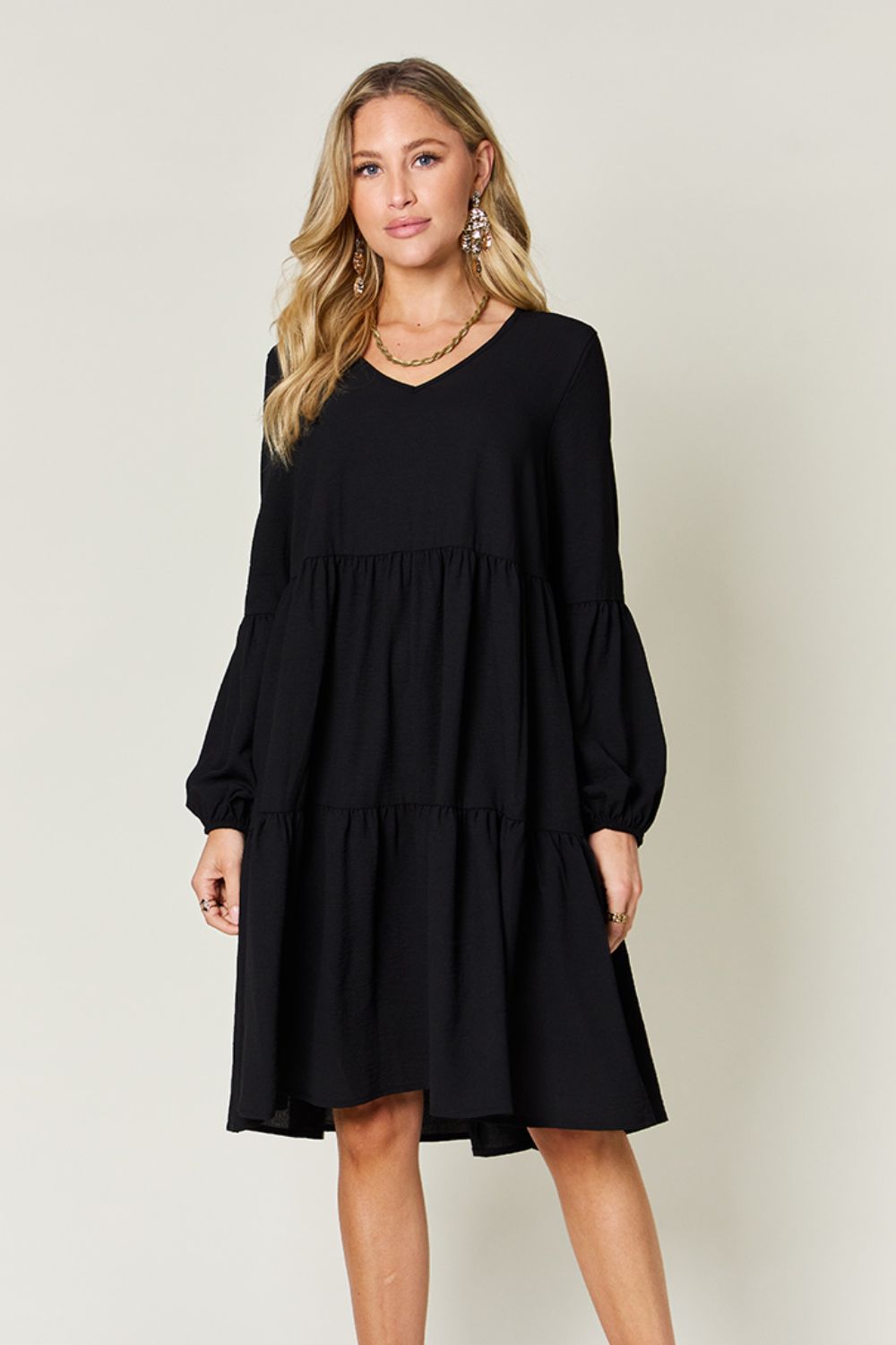 Double Take Full Size V - Neck Balloon Sleeve Tiered Dress - Jaazi Intl