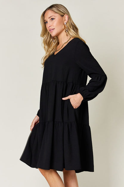 Double Take Full Size V - Neck Balloon Sleeve Tiered Dress - Jaazi Intl