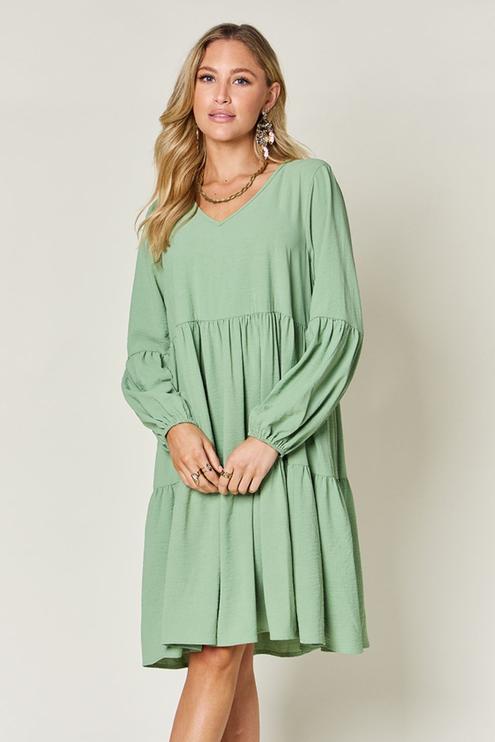 Double Take Full Size V - Neck Balloon Sleeve Tiered Dress - Jaazi Intl