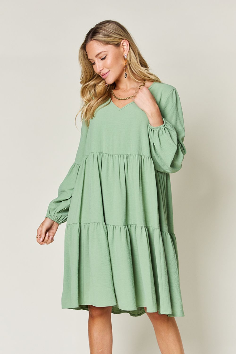 Double Take Full Size V - Neck Balloon Sleeve Tiered Dress - Jaazi Intl