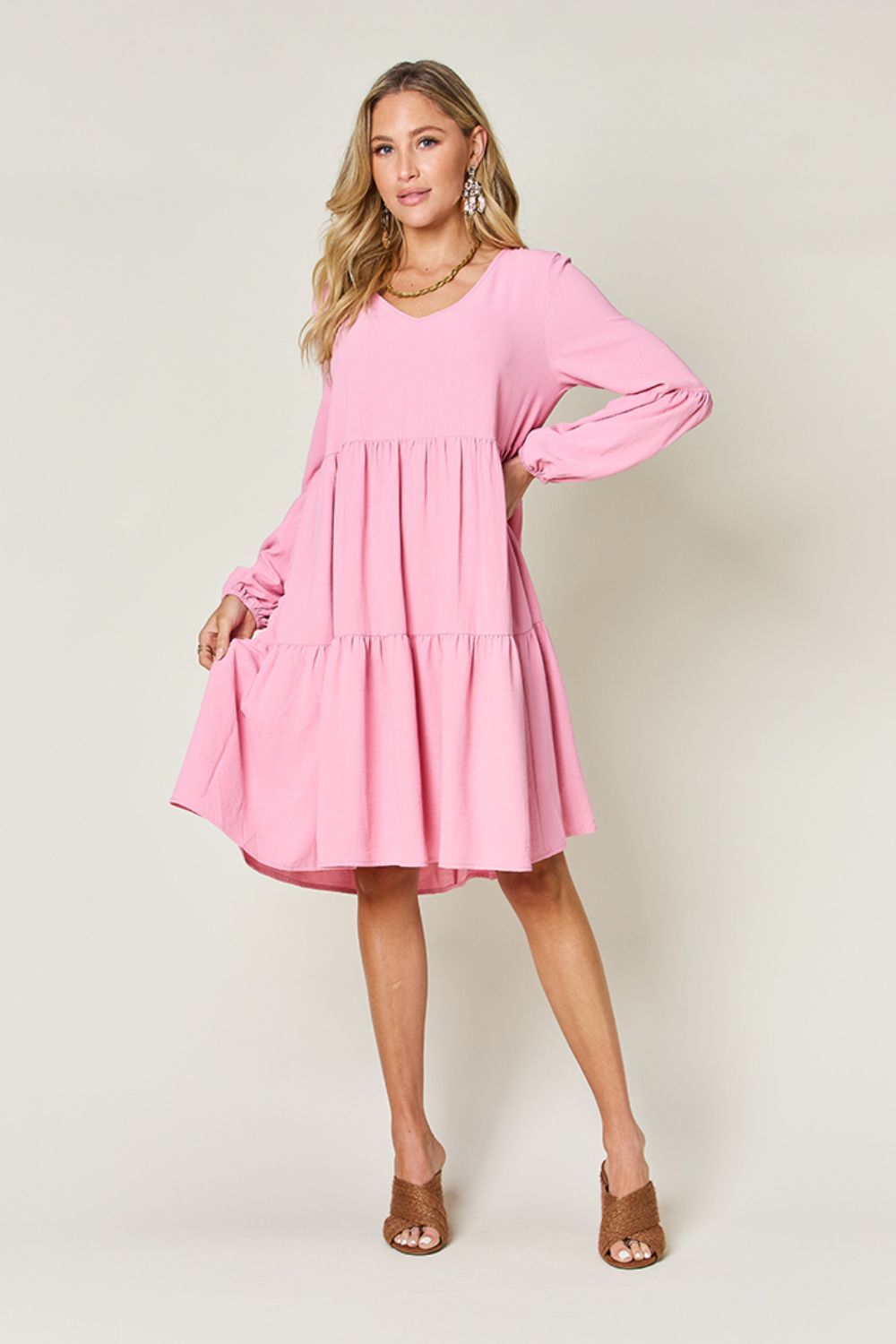 Double Take Full Size V - Neck Balloon Sleeve Tiered Dress - Jaazi Intl