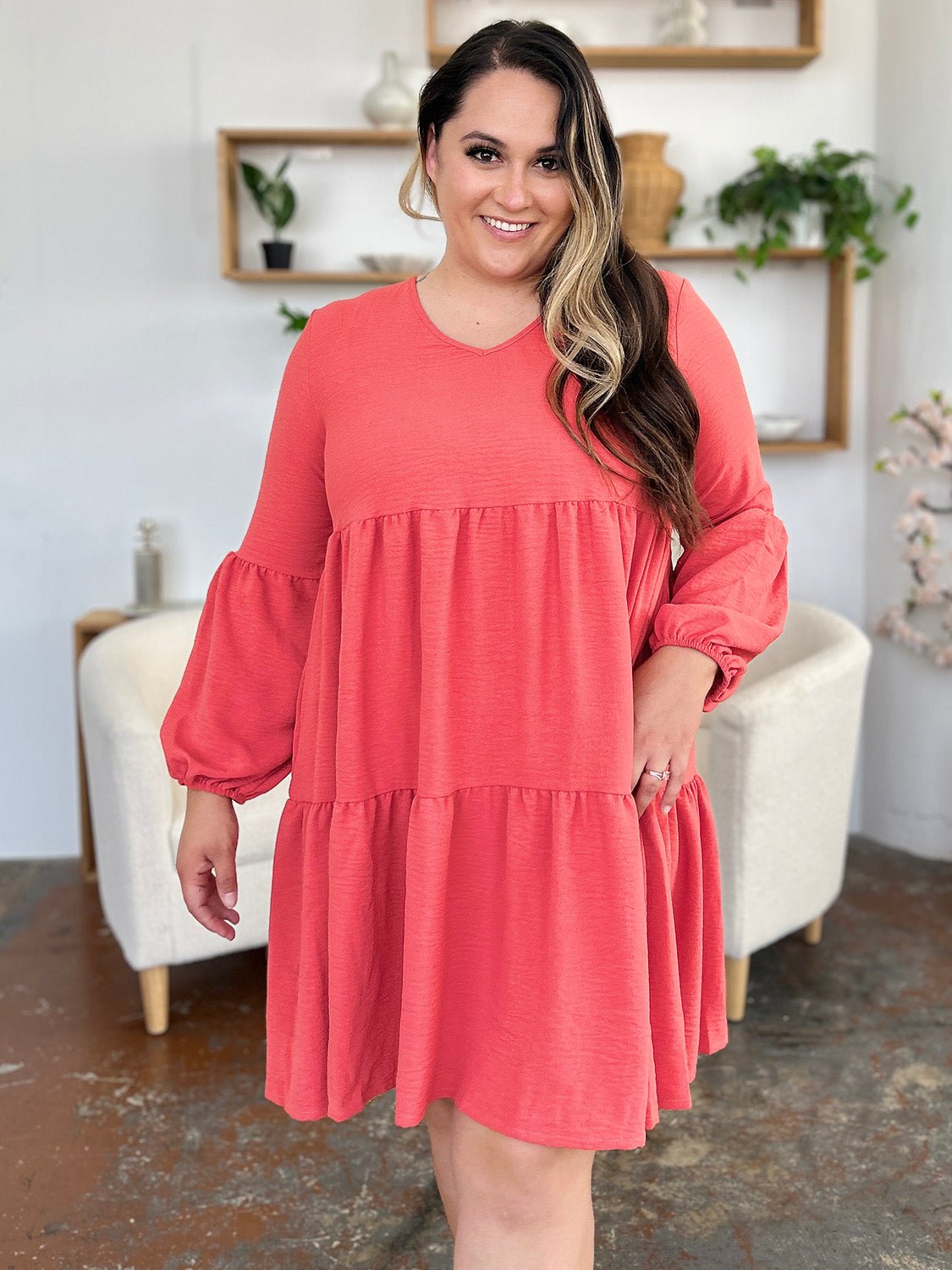 Double Take Full Size V - Neck Balloon Sleeve Tiered Dress - Jaazi Intl