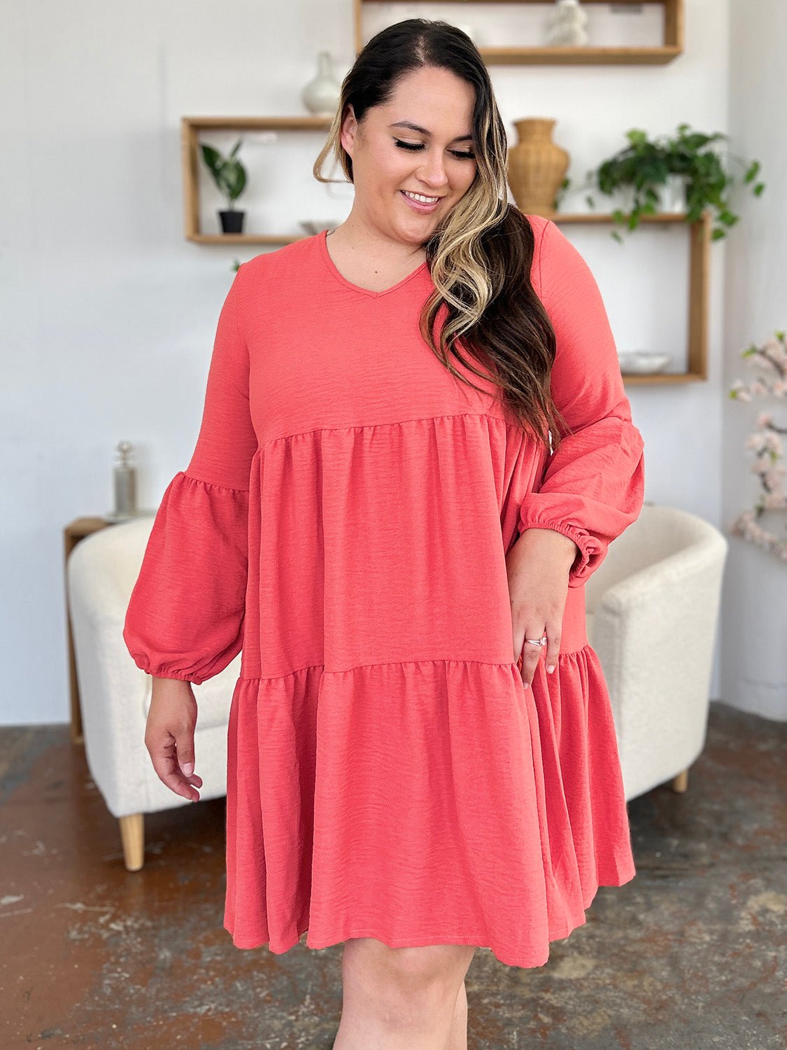 Double Take Full Size V - Neck Balloon Sleeve Tiered Dress - Jaazi Intl