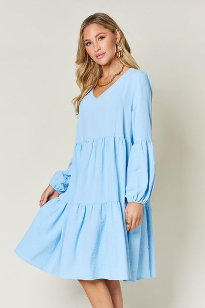 Double Take Full Size V - Neck Balloon Sleeve Tiered Dress - Jaazi Intl