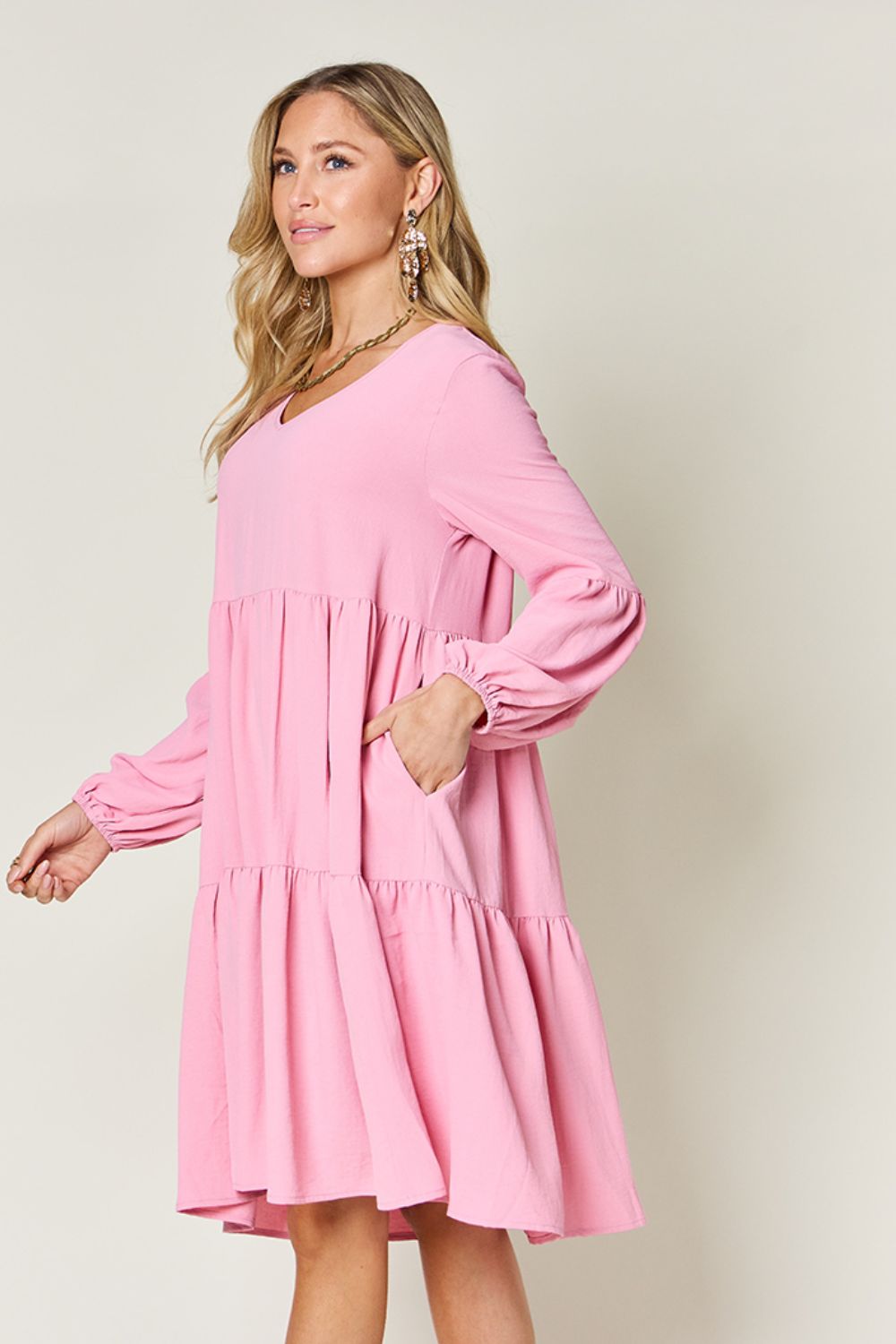 Double Take Full Size V - Neck Balloon Sleeve Tiered Dress - Jaazi Intl