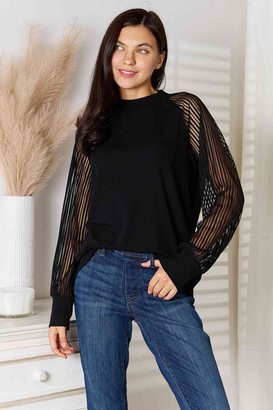 Double Take Round Neck Raglan Sleeve Blouse - Jaazi Intl